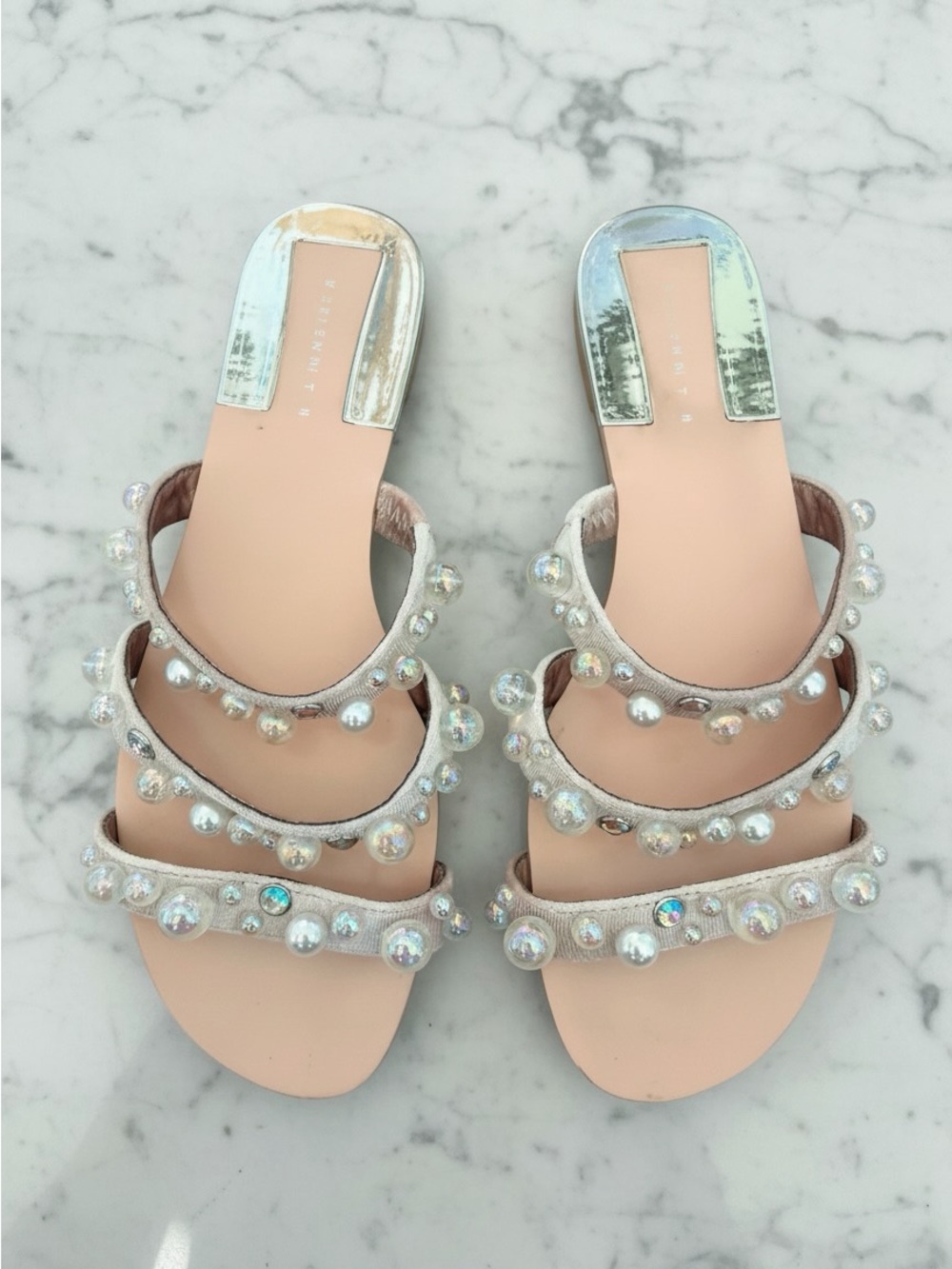 Leith Pearl Triple-Strap Slide Sandals in Blush pink Sz 7